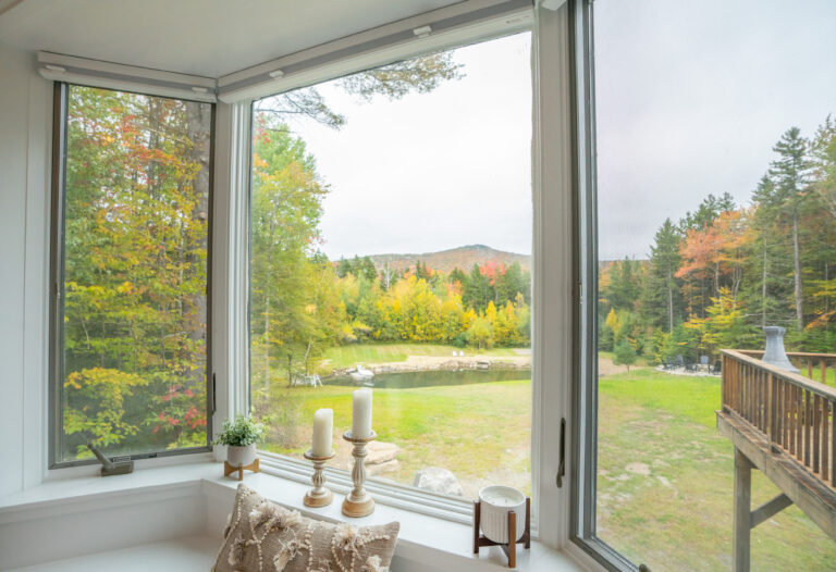 Bay window view of yard and pond