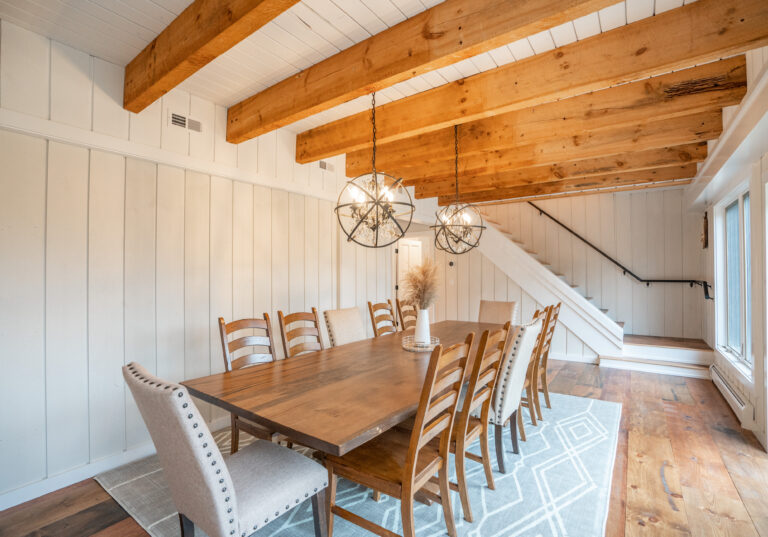 Farmhouse dining room with views of the mountain