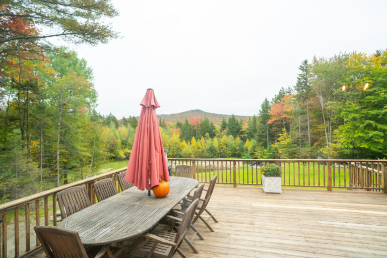 Huge deck with views of the yard, mountain, and pond